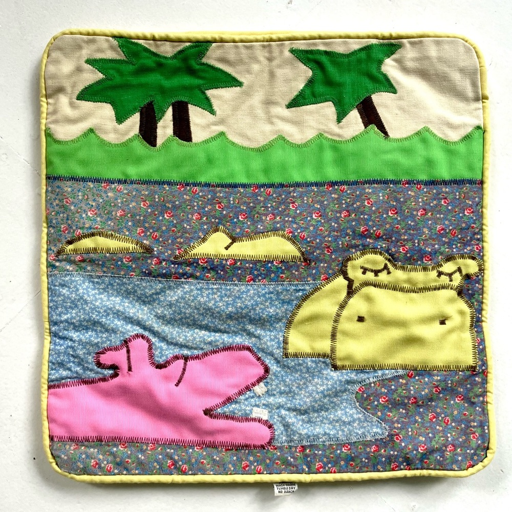 Vintage 70’s embroidered quilt art hippo pillow case